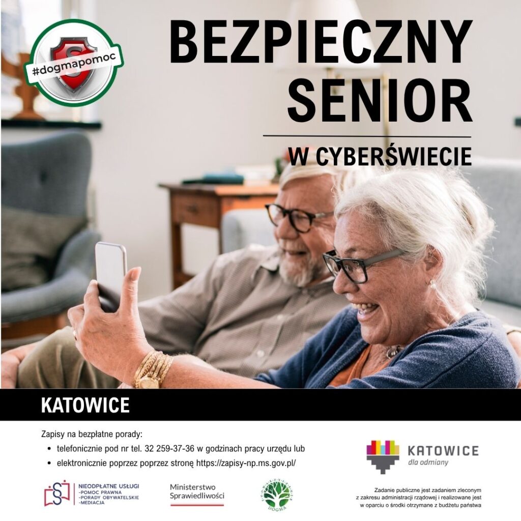 Bezpieczny senior w cyberświecie - grafika z tytułem rozdziału kampanii oraz logotypami 