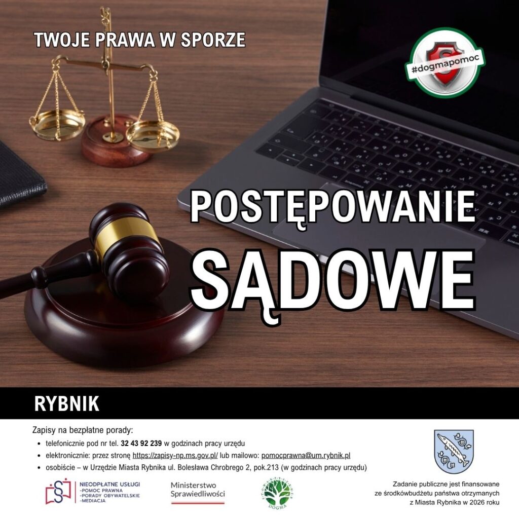 Grafika nagłówkowa z tekstem Postępowanie sądowe i logotypami