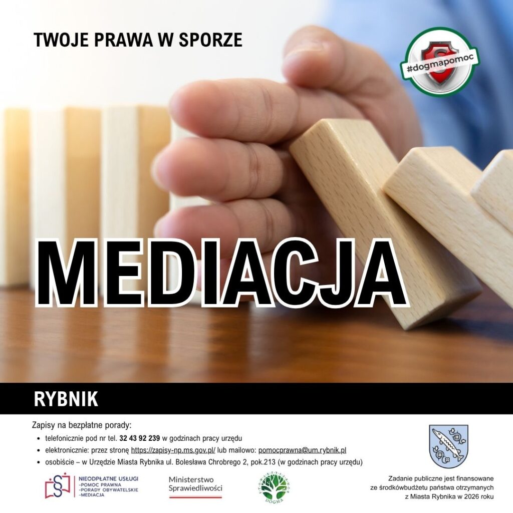 Grafika nagłówkowa z tekstem Mediacja i logotypami