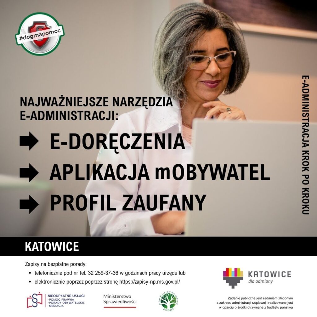Grafika z tytułem: Najważniejsze narzędzia e-administracji: e-Droręczenia, aplikacja mObywatel i Profil Zaufany.