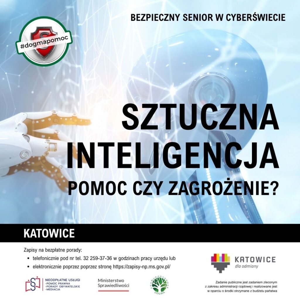 Sztuczna inteligencja - pomoc czy zagrożenie? - grafika z tytułem rozdziału kampanii oraz logotypami 
