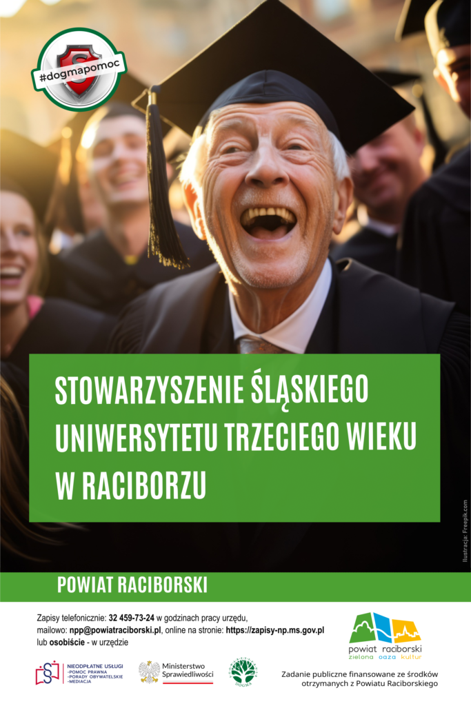 Ilustracja z napisem: Stowarzyszenie Śląskiego Uniwersytetu Trzeciego Wieku w Raciborzu