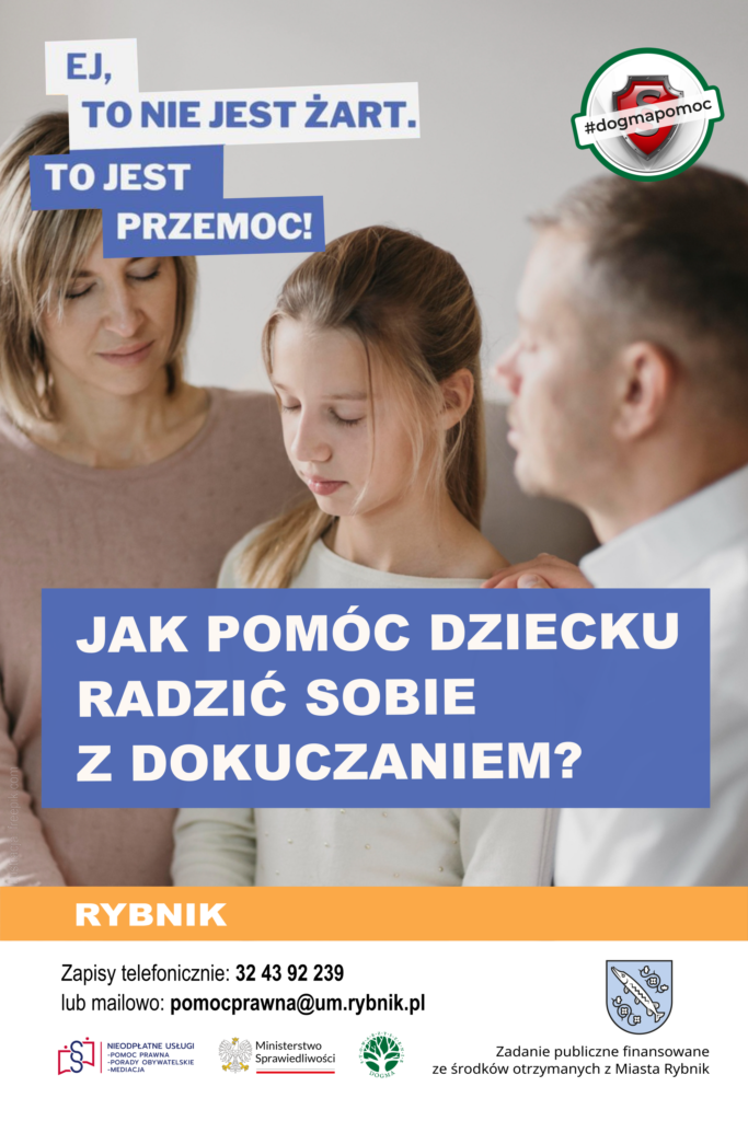 Ilustracja z logotypami organizatorów i hasłem: Jak pomóc dziecku radzić sobie z dokuczaniem?