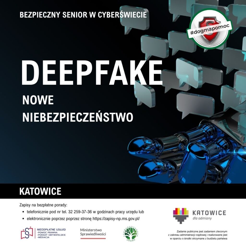 Deepfake nowe niebezpieczeństwo - grafika z tytułem rozdziału kampanii oraz logotypami 