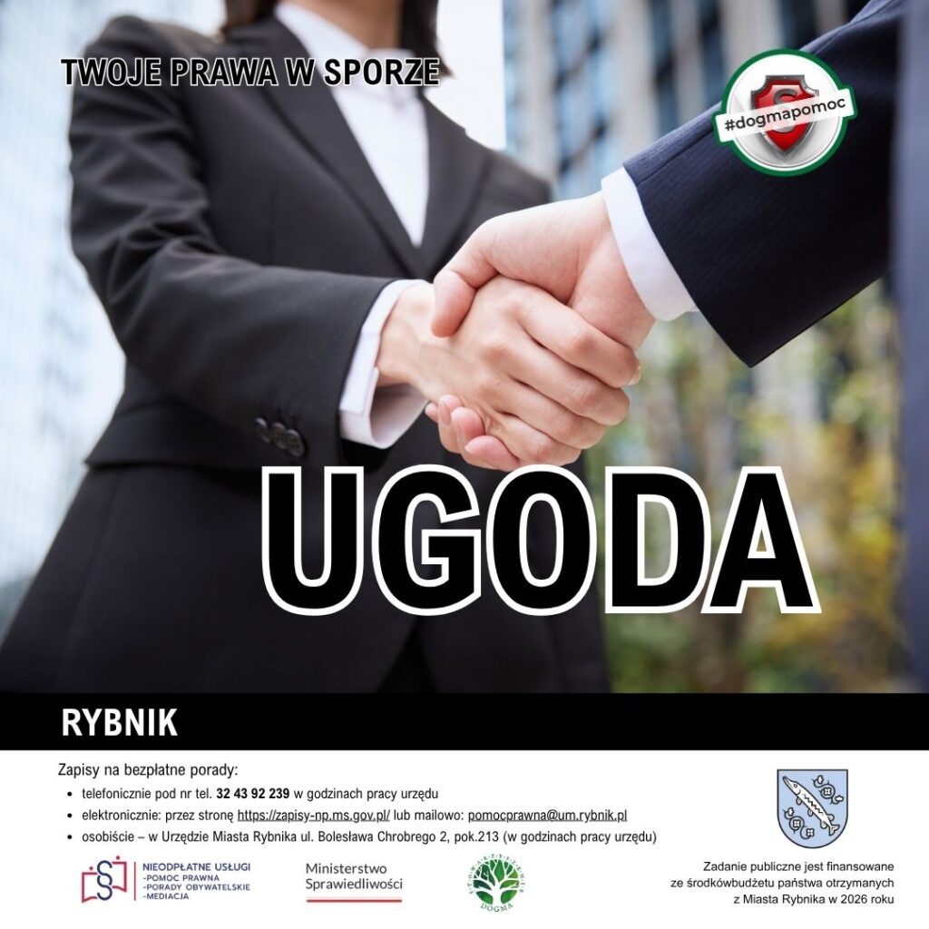 Grafika nagłówkowa z tekstem Ugoda i logotypami