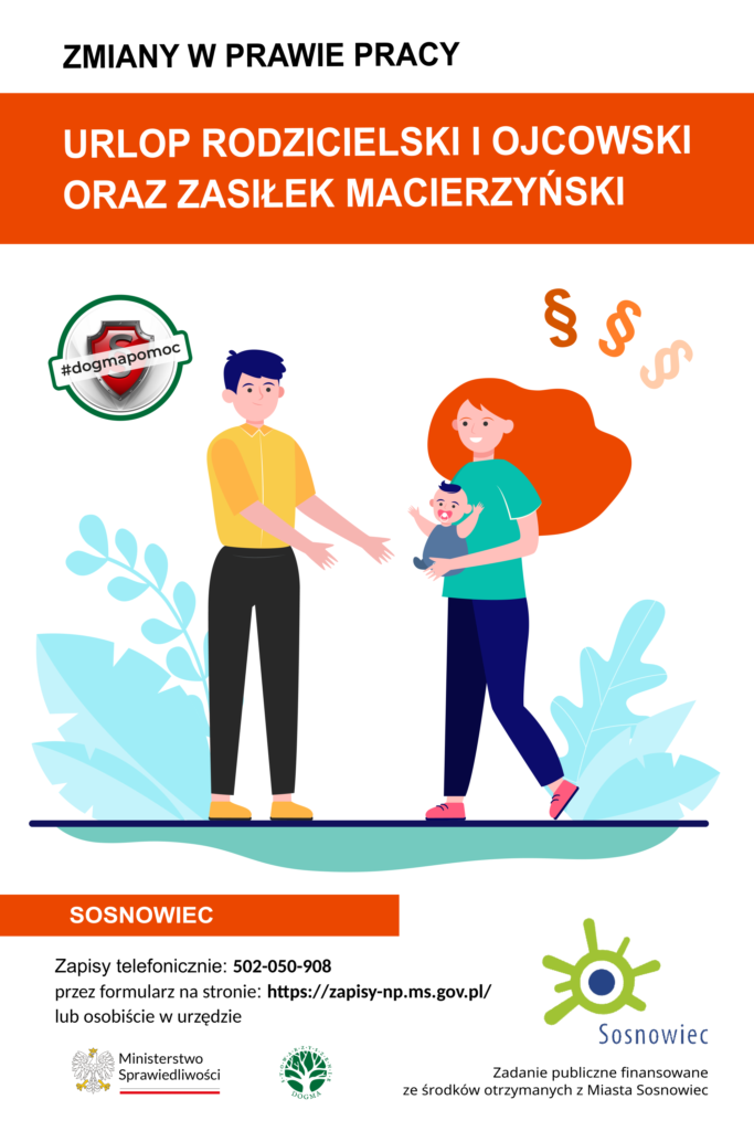 Grafika z napisem: Urlop rodzicielski i ojcowski oraz zasiłek macierzyński