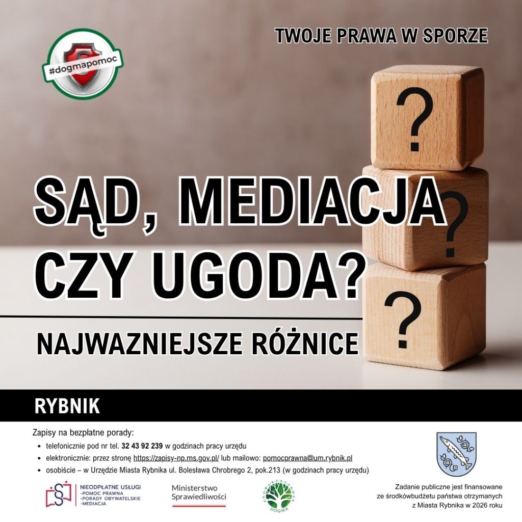 Grafika nagłówkowa z logotypami i tekstem: Sąd, mediacja czy ogoda? Najważniejsze różnice.