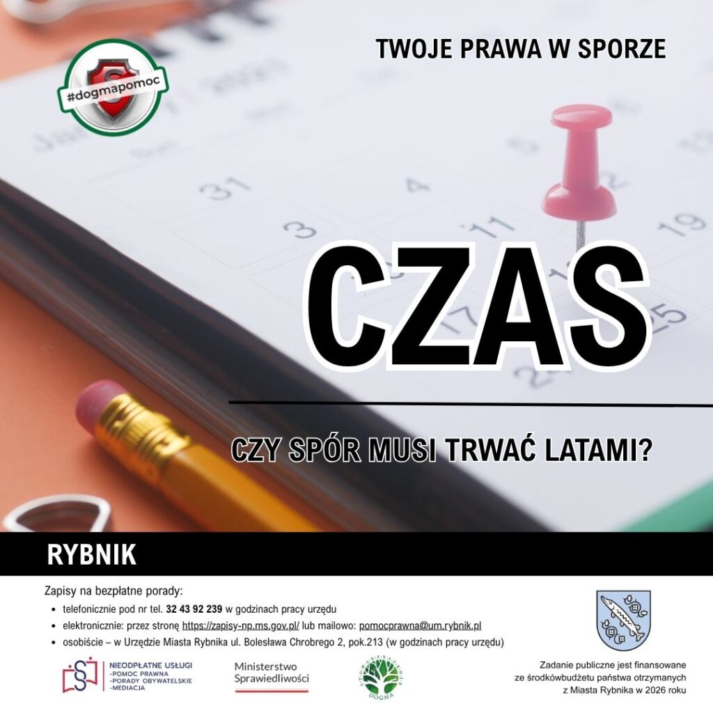 Grafika nagłówkowa z logotypami i tekstem: Czas - czy spór musi trwać latami?