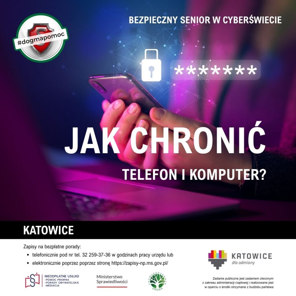 Jak chronić telefon i komputer? - grafika z tytułem rozdziału kampanii oraz logotypami 