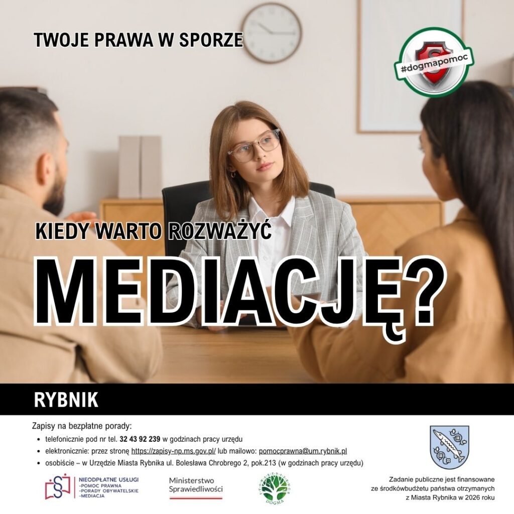 Grafika nagłówkowa z logotyoami i tekstem: Kiedy warto rozważyć mediację?