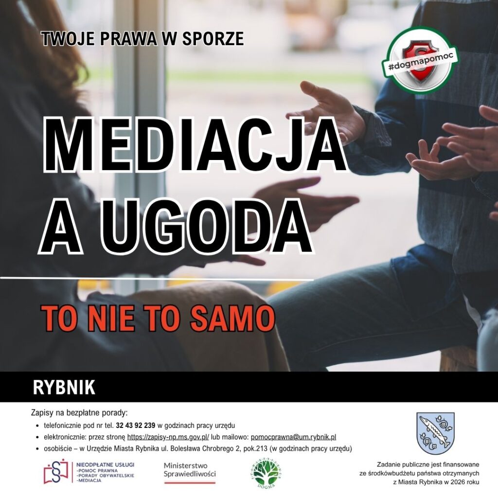 Grafika nagłówkowa z logotypami i tekstem: Mediacja a ugoda - to nie to samo