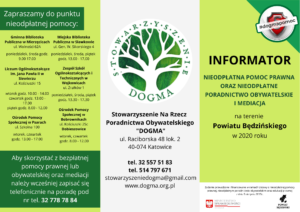 Informator PDF na temat nieodpłatnej pomocy prawnej, obywatelskiej i mediacji w powiecie będzińskim.