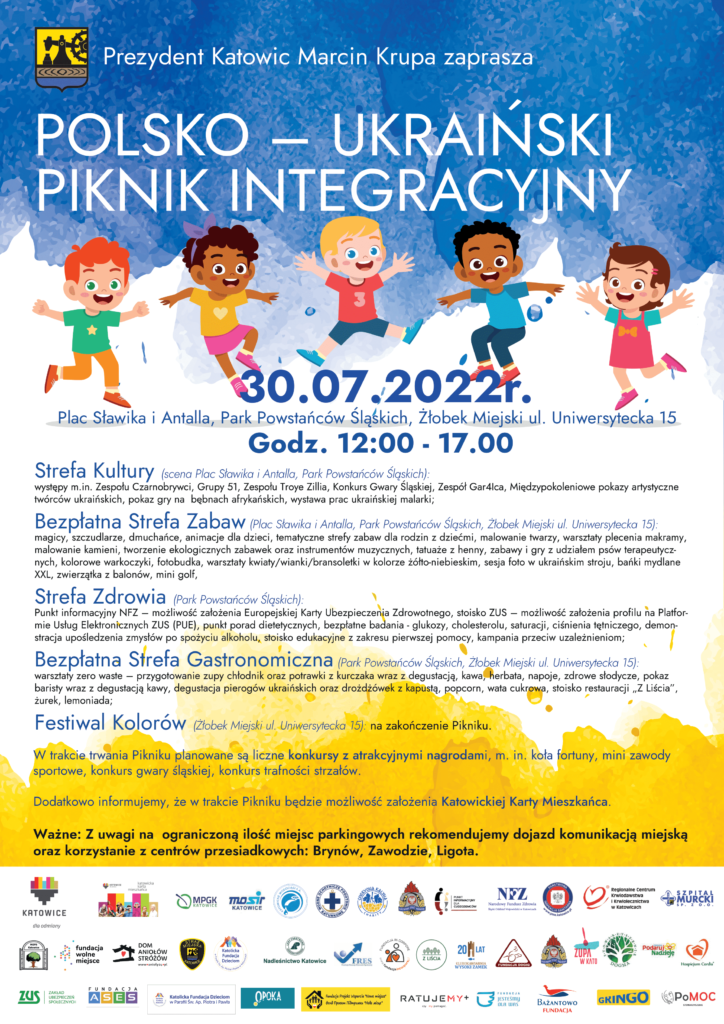 Plakat w języku polskim dotyczący polsko-ukraińskiego Pikniku Rodzinnego w Katowicach