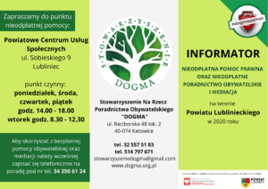 Informator PDF na temat bezpłatnych porad prawnych, obywatelskich i mediacji na terenie powiatu lublinieckiego. 
