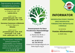 Informator PDF na temat bezpłatnych porad prawnych, obywatelskich i mediacji w powiecie mikołowskim. 
