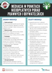 Ulotka PDF. Mediacja w punktach nieodpłatnych porad prawnych i obywatelskich. 