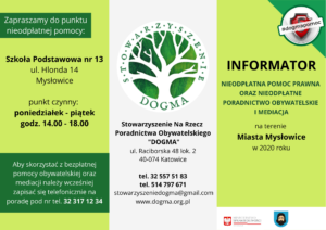 Informator PDF na temat nieodpłatnej pomocy prawnej i obywatelskiej oraz mediacji na terenie Mysłowic. 