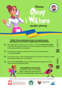 Plakat PDF w języku polskim. Mama Oleny i Wiktora szuka pracy. Informacje dla osób z Ukrainy poszukujących pracy w Polsce.