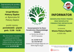 Informator PDF na temat nieodpłatnej pomocy prawnej i obywatelskiej oraz mediacji w Piekarach Śląskich. 