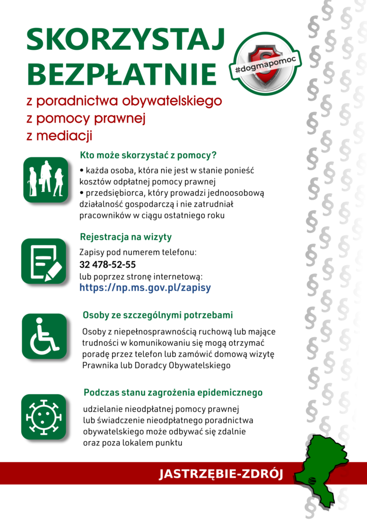 Ulotka PDF z informacjami na temat zasad zapisów na bezpłatne porady w Jastrzębiu-Zdroju