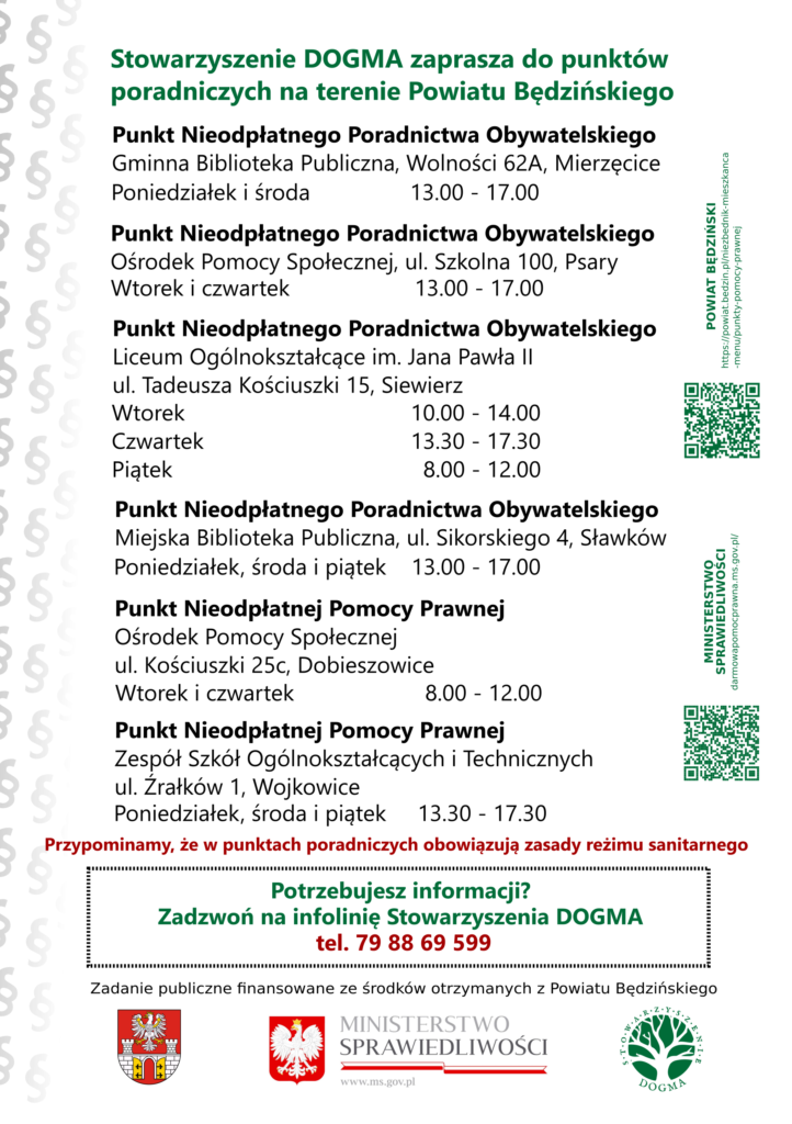 Ulotka PDF z informacjami teleadresowymi dotyczącymi bezpłatnych porad prawnych i obywatelskich w powiecie będzińskim