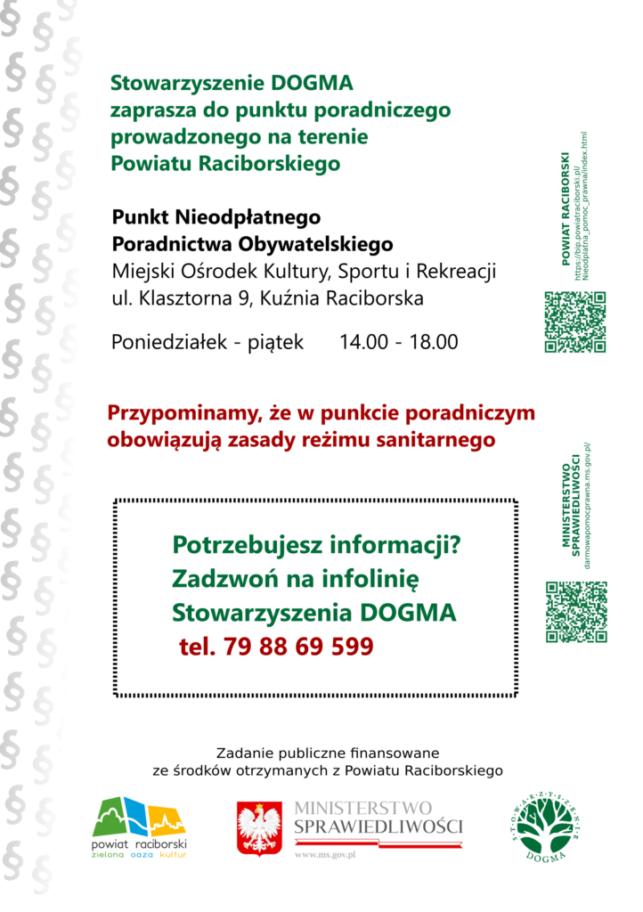 Ulotka PDF z informacjami teleadresowymi dotyczącymi bezpłatnych porad prawnych i obywatelskich w powiecie raciborskim