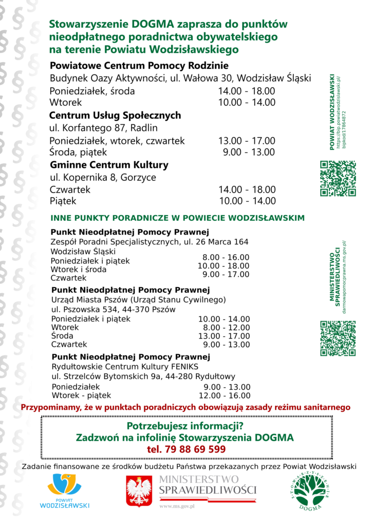 Ulotka PDF z informacjami teleadresowymi dotyczącymi bezpłatnych porad prawnych i obywatelskich w powiecie wodzisławskim