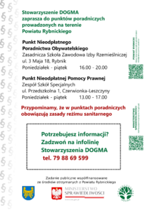 Ulotka PDF z informacjami teleadresowymi dotyczącymi bezpłatnych porad prawnych i obywatelskich w powiecie rybnickim