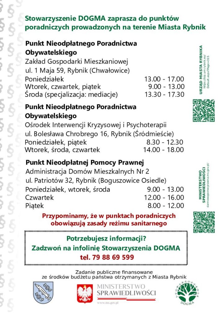 Ulotka PDF z danymi teleadresowymi dotyczącymi bezpłatnych porad prawnych, obywatelskich i mediacji w Rybniku
