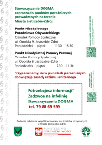 Ulotka PDF z informacjami teleadresowymi dotyczącymi bezpłatnych porad prawnych i obywatelskich w Jastrzębiu-Zdroju