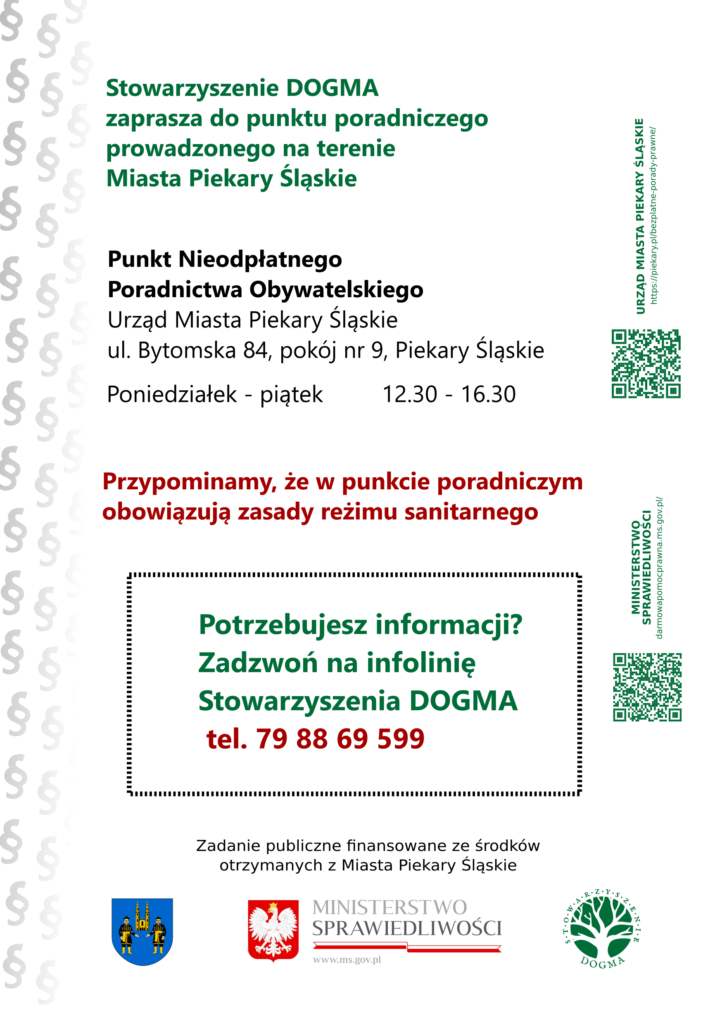 Ulotka PDF z informacjami teleadresowymi dotyczącymi bezpłatnych porad prawnych i obywatelskich w Piekarach Śląskich