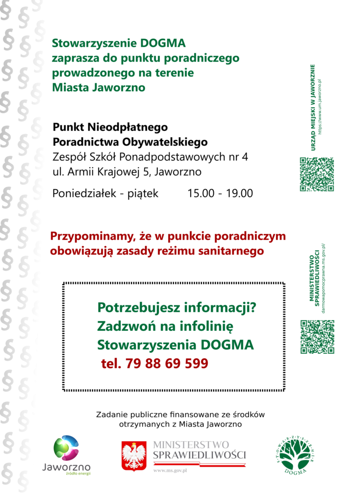 Ulotka PDF z informacjami teleadresowymi dotyczącymi bezpłatnych porad prawnych i obywatelskich w Jaworznie