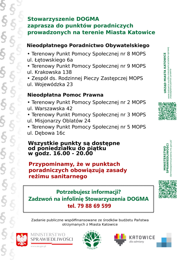  Ulotka PDF z informacjami teleadresowymi dotyczącymi bezpłatnych porad prawnych i obywatelskich w Katowicach