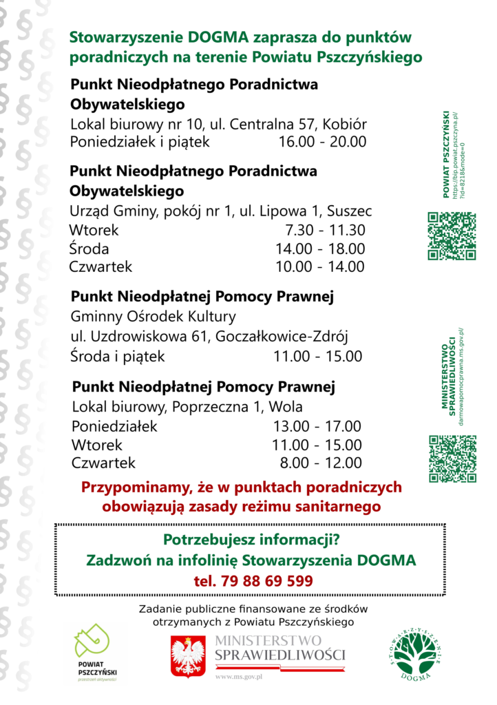 Ulotka PDF z informacjami teleadresowymi dotyczącymi bezpłatnych porad prawnych i obywatelskich w powiecie pszczyńskim