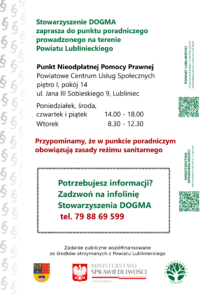 Ulotka PDF z informacjami teleadresowymi dotyczącymi bezpłatnych porad prawnych i obywatelskich w powiecie lublinieckim