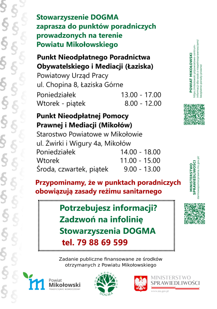 Ulotka PDF z informacjami teleadresowymi dotyczącymi bezpłatnych porad prawnych i obywatelskich w powiecie mikołowskim