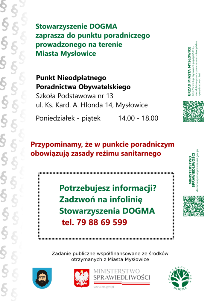 Ulotka PDF z informacjami teleadresowymi dotyczącymi bezpłatnych porad prawnych i obywatelskich w Mysłowicach
