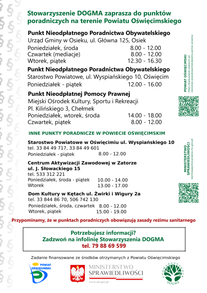  Ulotka PDF z informacjami teleadresowymi dotyczącymi bezpłatnych porad prawnych i obywatelskich w powiecie oświęcimskim