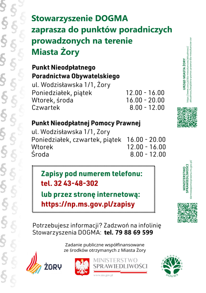Ulotka na temat bezpłatnych porad prawnych i obywatelskich w Żorach. Strona 4.