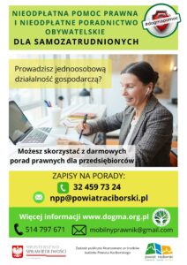 Ulotka PDF. Nieodpłatna pomoc prawna i nieodpłatne poradnictwo obywatelskie dla samozatrudnionych. 