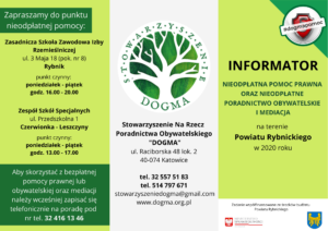 Informator PDF na temat nieodpłatnej pomocy prawnej, obywatelskiej i mediacji w powiecie rybnickim. 