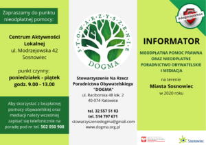 Informator prawny PDF na temat nieodpłatnej pomocy prawnej, obywatelskiej i mediacji na terenie Sosnowca. 