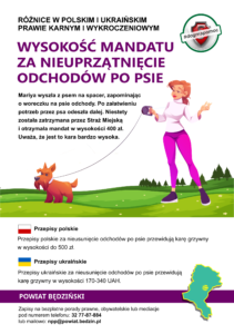 Ulotka w języku polskim Różnice w prawie polskim i polskim - Wysokość mandatu za nieuprzątnięcie odchodów po psie