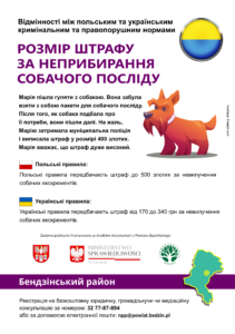 Ulotka w języku ukraińskim Różnice w prawie polskim i polskim - Wysokość mandatu za nieuprzątnięcie odchodów po psie