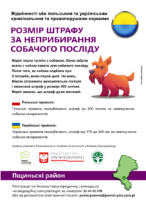 Wysokość mandatu za nieuprzątnięcie odchodów po psie - Różnice w polskim i ukraińskim prawie karnym i wykroczeniowym. Ulotka PDF w języku ukraińskim