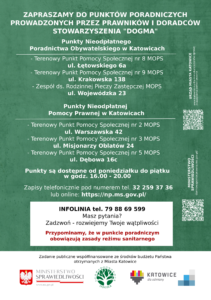 Ulotka archiwalna na temat punktów bezpłatnego poradnictwa w Katowicach.
