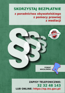 Archiwalna ulotka 2 na temat nieodpłatnej pomocy prawnej, obywatelskiej i mediacji w powiecie mikołowskim. 