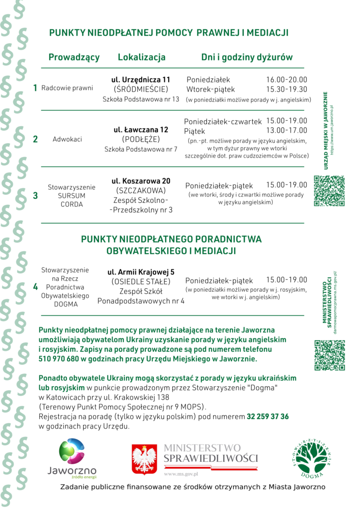 Ulotka PDF z informacjami teleadresowymi dotyczącymi bezpłatnych porad prawnych, obywatelskich i mediacji w Jaworznie