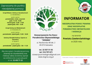 Informator prawny PDF na temat nieodpłatnej pomocy prawnej, obywatelskiej i mediacji w powiecie zawierciańskim. 