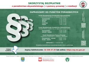 E-plakat PDF. Bezpłatne poradnictwo prawne, obywatelskie i mediacje w powiecie gliwickim. 